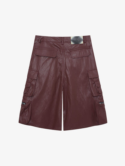 Faux Leather Cargo Shorts for Men - Black Oversized Utility Shorts with Multiple Pockets and Zipper Details 