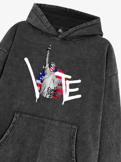 French Terry Statue Of Liberty Print Hooded Sweatshirt 