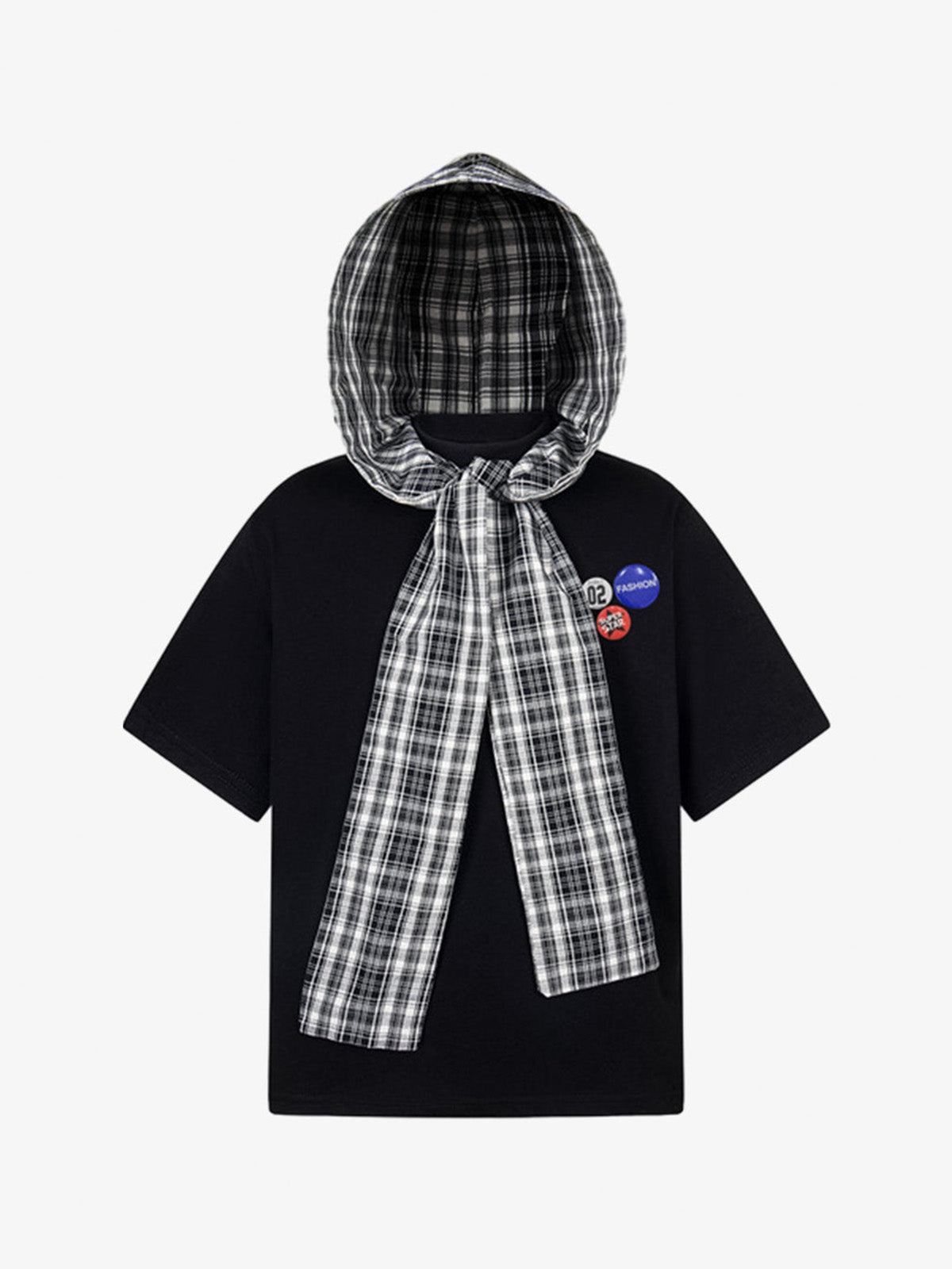 Detachable Badge Hooded Plaid Cape T-shirt 