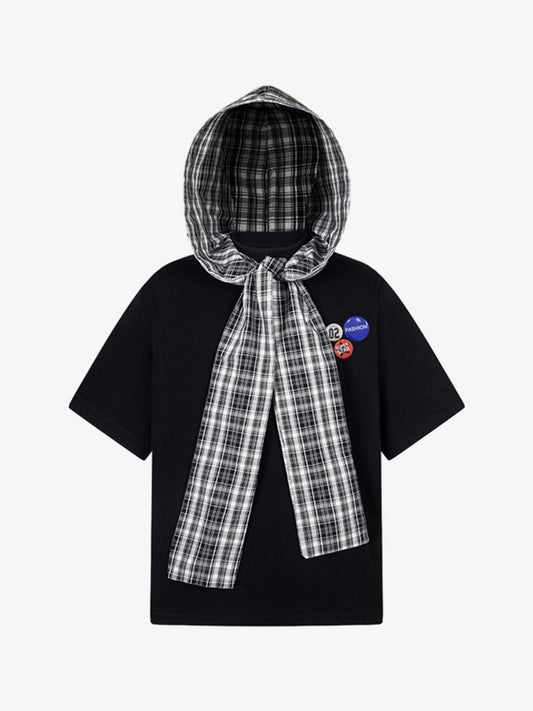 Detachable Badge Hooded Plaid Cape T-shirt 