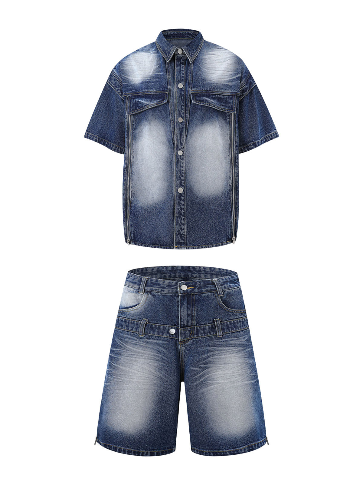 Distressed Washed Workwear Denim Shirt And Jorts Set 