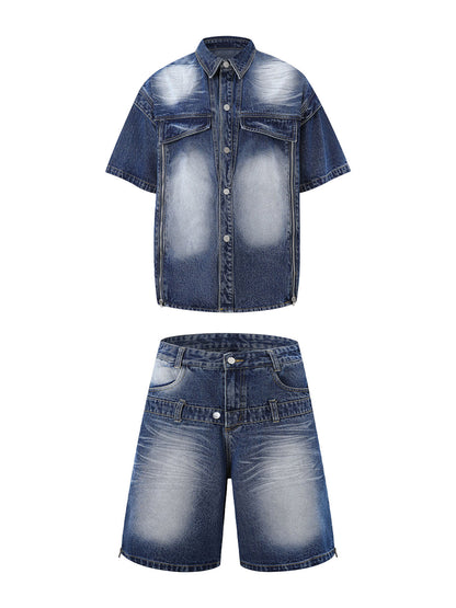 Distressed Washed Workwear Denim Shirt And Jorts Set 