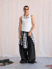 Denim Faux Two-piece Plaid Detachable Scimitar Jeans - 2435 