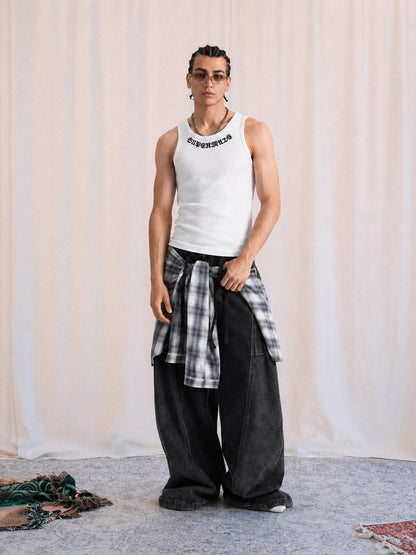 Denim Faux Two-piece Plaid Detachable Scimitar Jeans - 2435 