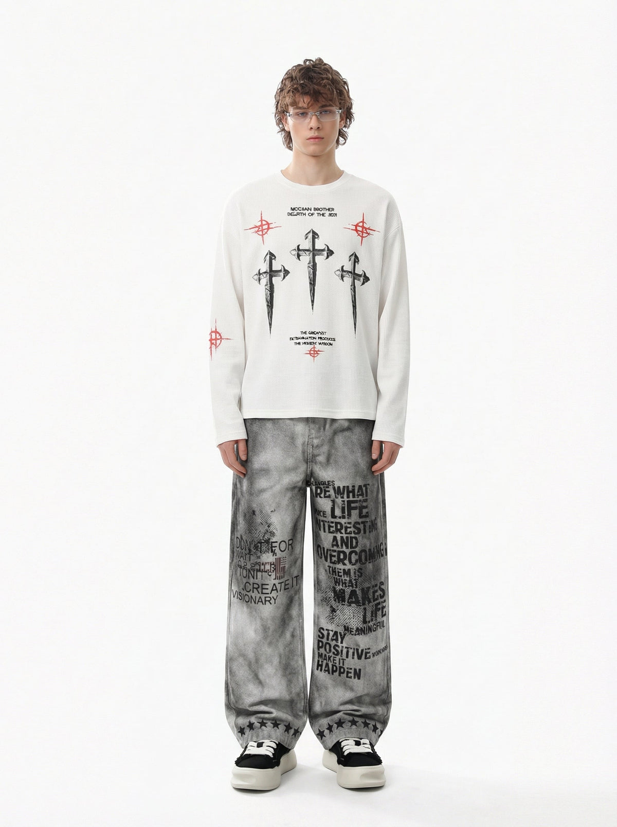 Letter Print Waffle Cross Long-Sleeved T-Shirt 