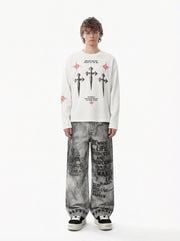 Letter Print Waffle Cross Long-Sleeved T-Shirt 
