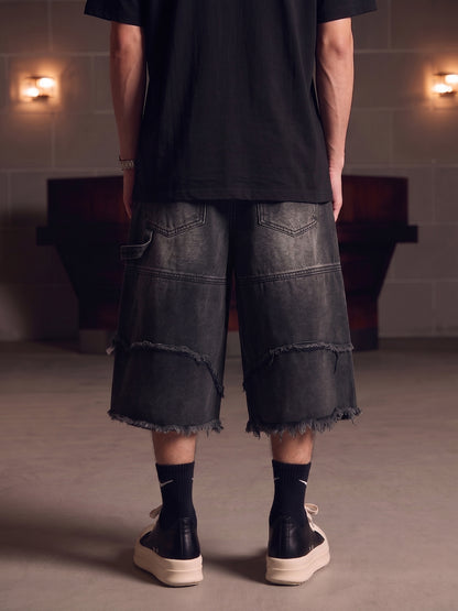Frayed Layered Paneled Denim Jorts