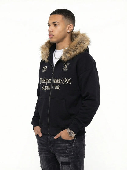 Letter Medal Embroidered Cardigan Fur Collar Zip Up Hoodie- 2502 