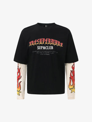 Gradient Letter Print Patchwork Faux Two-Piece Long-Sleeved T-Shirt 