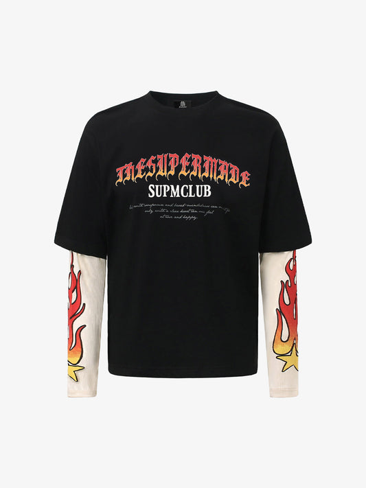 Gradient Letter Print Patchwork Faux Two-Piece Long-Sleeved T-Shirt 