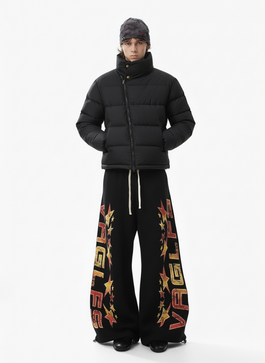 Retro Contrast Letter Star Print Fleece-Lined Sweatpants 