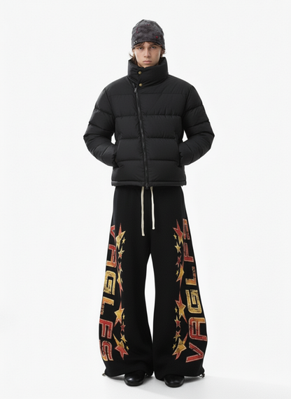 Retro Contrast Letter Star Print Fleece-Lined Sweatpants 