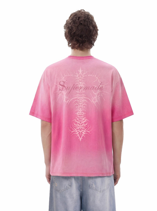 Acid Wash Gothic Cross Spine Graphic Distressed T-Shirt - 2604 