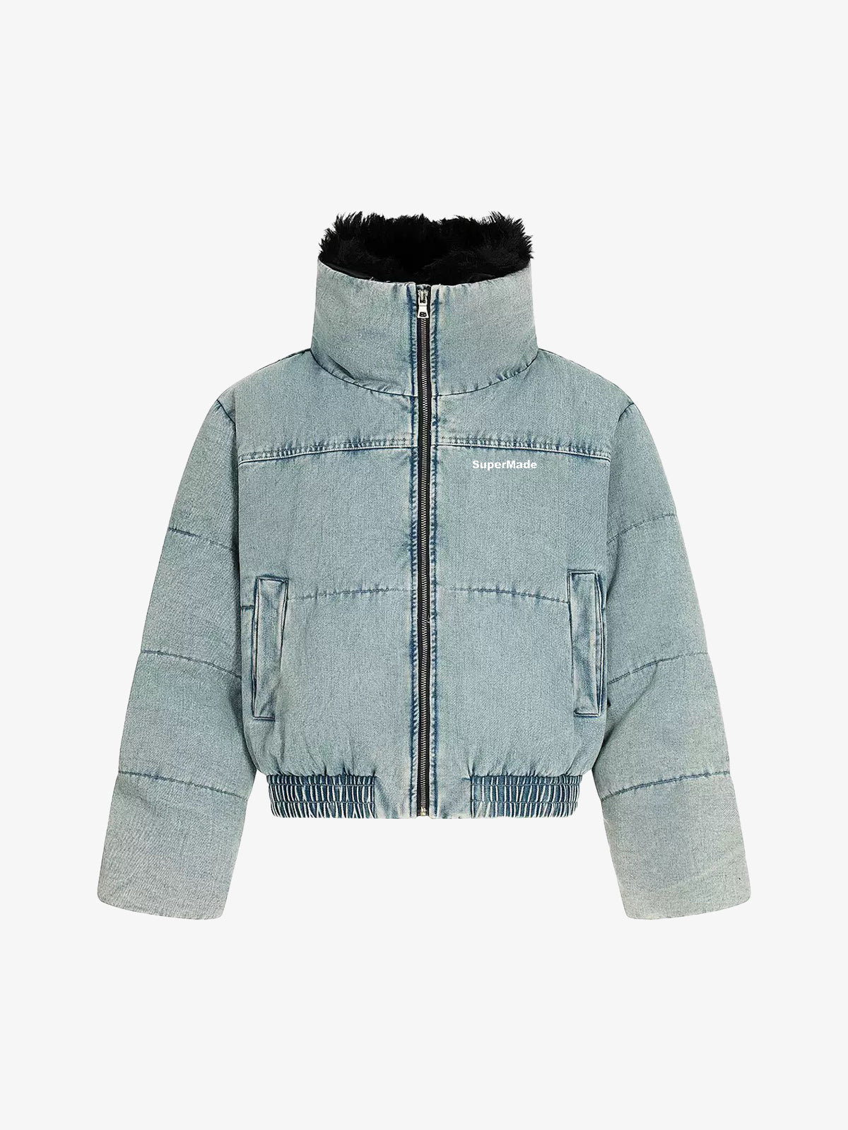 Retro Washed Denim Faux Fur Collar Quilted Jacket 