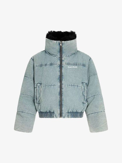 Retro Washed Denim Faux Fur Collar Quilted Jacket 