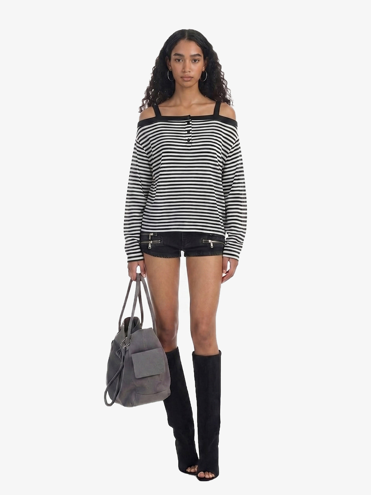 Striped Off-Shoulder Henley T-Shirt 