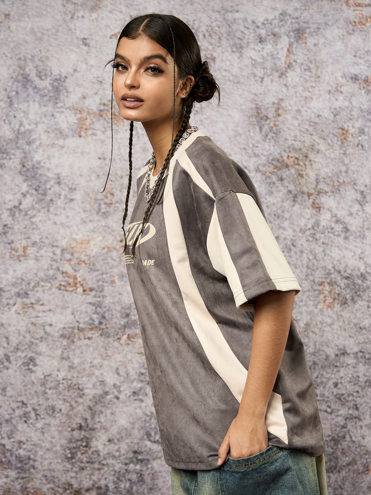 Jersey Deconstructed Contrast Color Stitching Print T-shirt - 2407 