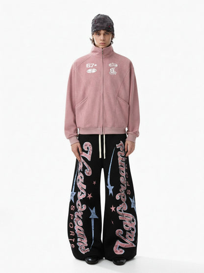 Retro Graphic Fleece-Lined Baggy Sweatpants 