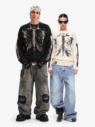 Skeleton Graphic Waffle Sweatshirt - 2495 