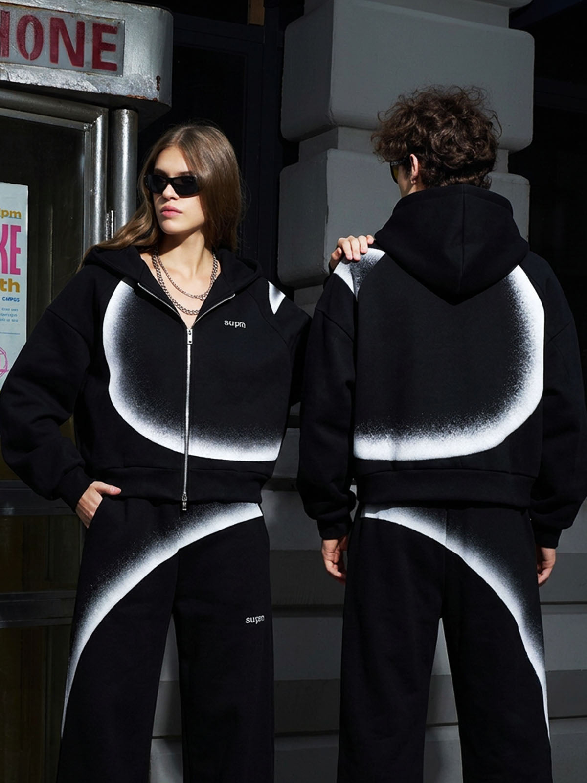 Curved Stripe Zip Hoodie & Wide-Leg Sweatpants Set