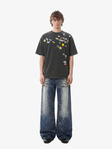 Distressed Washed Paint Splatter Wide Leg Jeans 