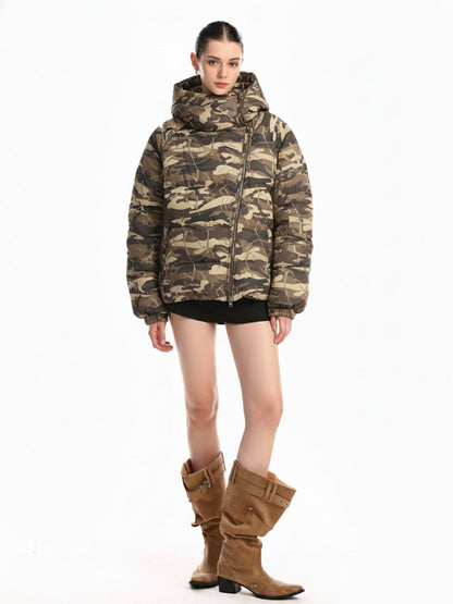 Retro Camouflage Asymmetric Zip-Up Down Jacket 