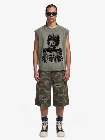 Vintage Washed Dark Cute Graphic Sleeveless T-Shirt 