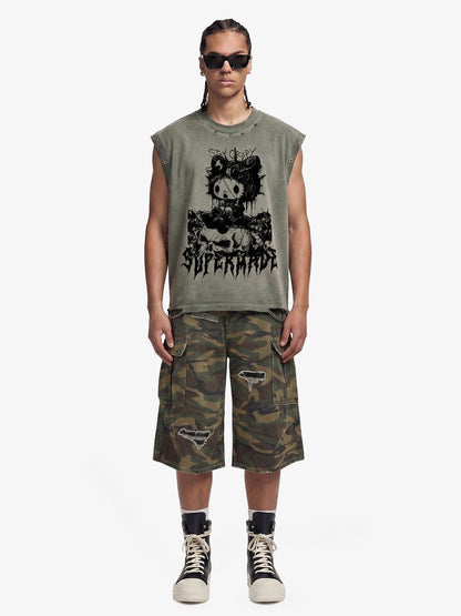 Vintage Washed Dark Cute Graphic Sleeveless T-Shirt 
