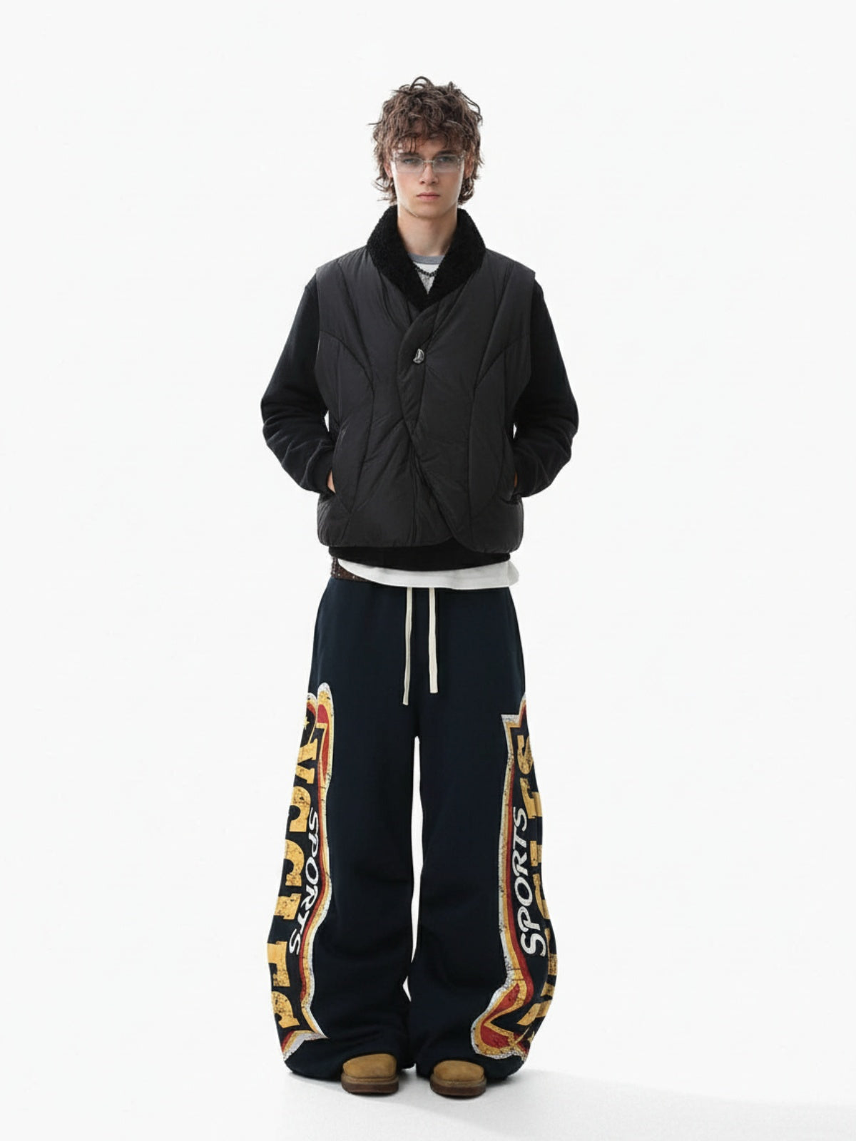 Street Letter Print Fleece-Lined Wide-Leg Sweatpants 