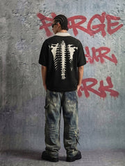 Skeleton Ribcage Graphic Print Asymmetric Button Polo Shirt 