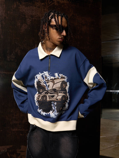 Original Racing Style Print Lapel Sweatshirt 