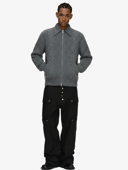 Knitted Vintage Floral Wheat Ear Pattern Double Zip Sweater