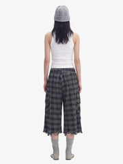Plaid Linen-Blend Distressed Cargo Cropped Pants 