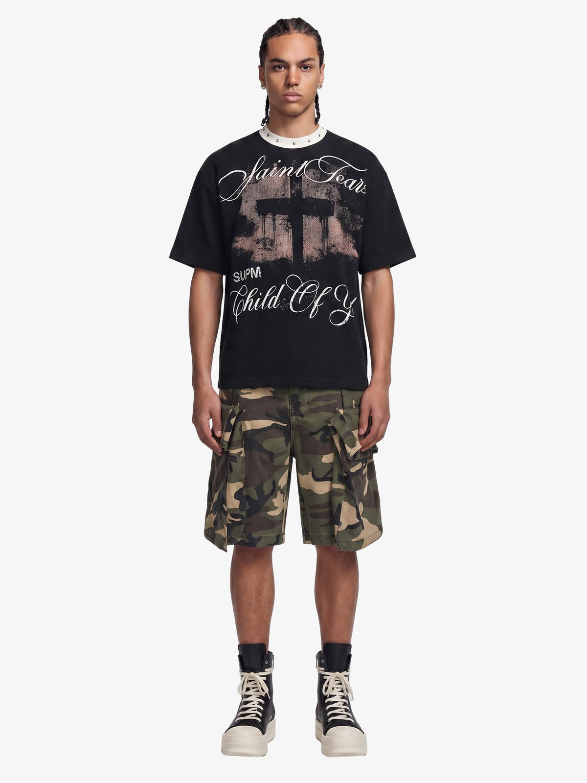 Gothic Cross Print Studded Collar Waffle Knit Graphic T-Shirt 