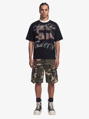 Gothic Cross Print Studded Collar Waffle Knit Graphic T-Shirt 