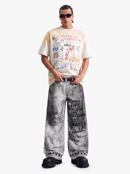 Distressed Dirty Wash Text Graphic Star Trim Straight Leg Pants 