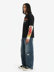 Gradient Letter Print Patchwork Faux Two-Piece Long-Sleeved T-Shirt 