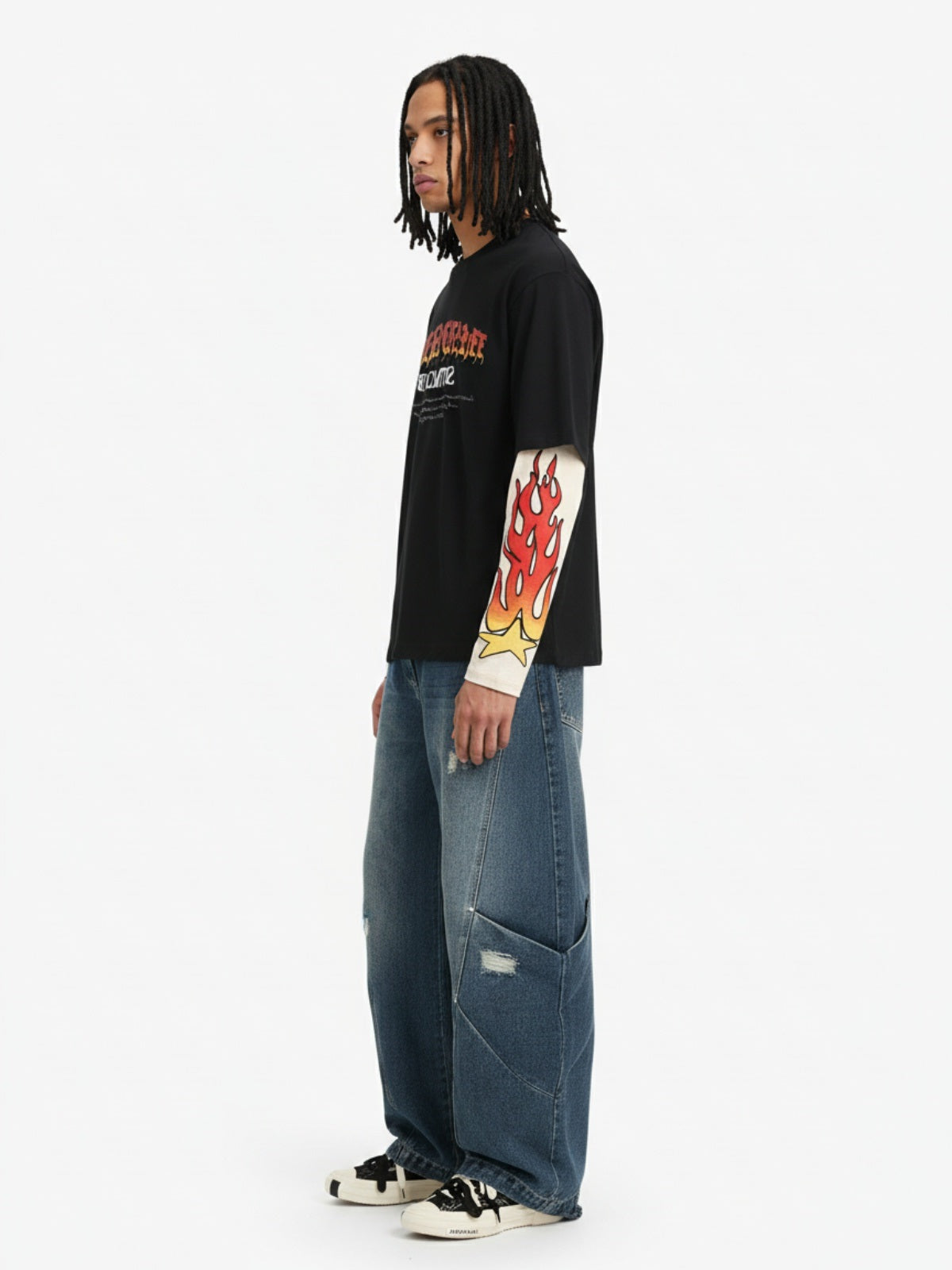 Gradient Letter Print Patchwork Faux Two-Piece Long-Sleeved T-Shirt 