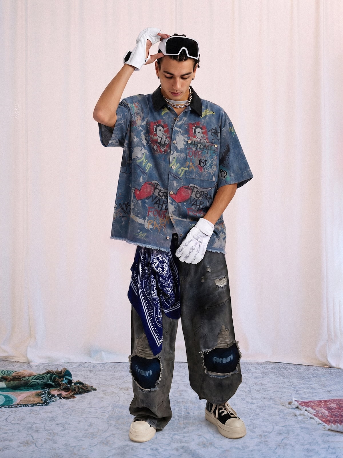 Tie-Dye Denim Graffiti Polo T-Shirt 