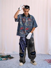 Tie-Dye Denim Graffiti Polo T-Shirt 