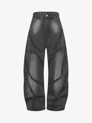 Washed Distressed Raw Edge Barrel Jeans - 2402 