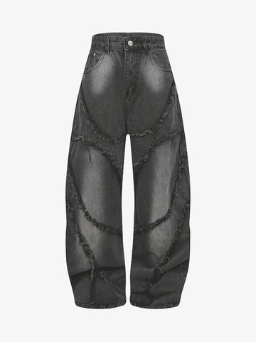 Washed Distressed Raw Edge Barrel Jeans - 2402 