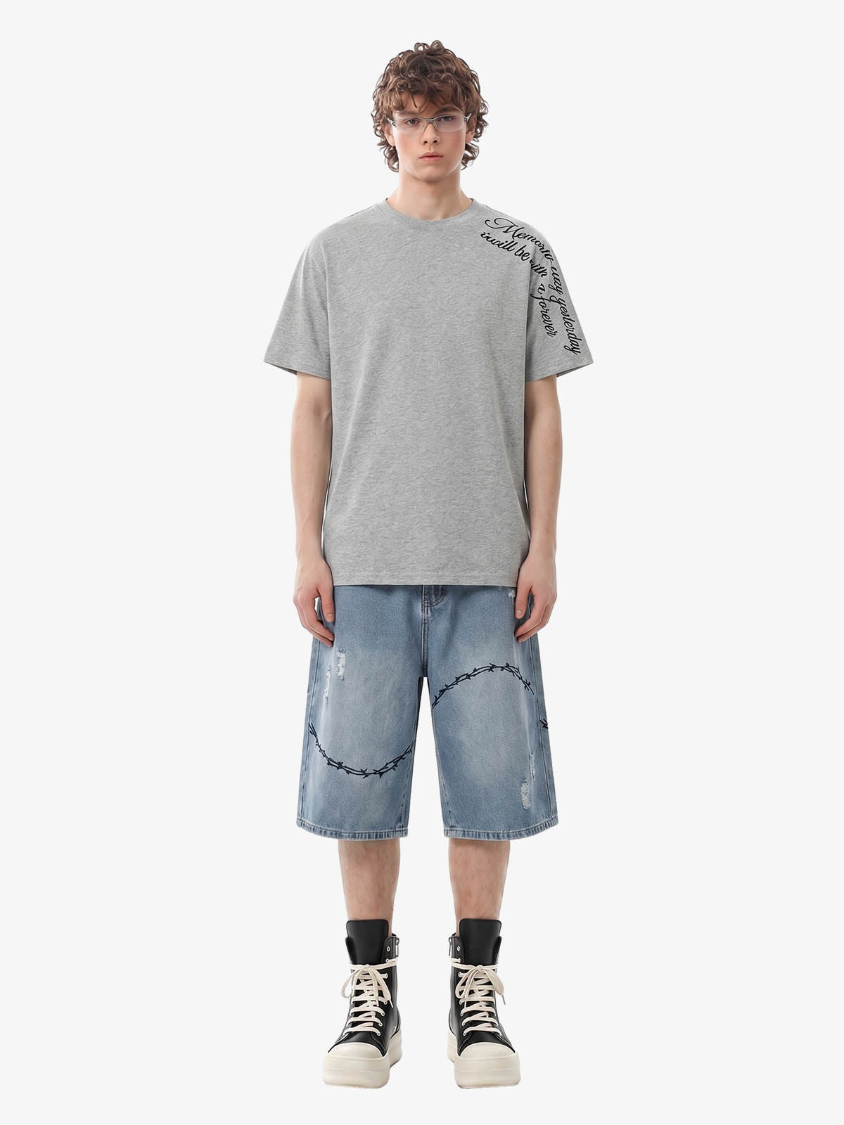 Vintage Barbed Wire Embroidery Distressed Washed Denim Jorts 
