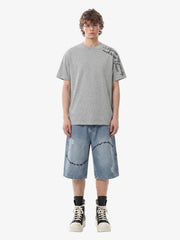 Vintage Barbed Wire Embroidery Distressed Washed Denim Jorts 