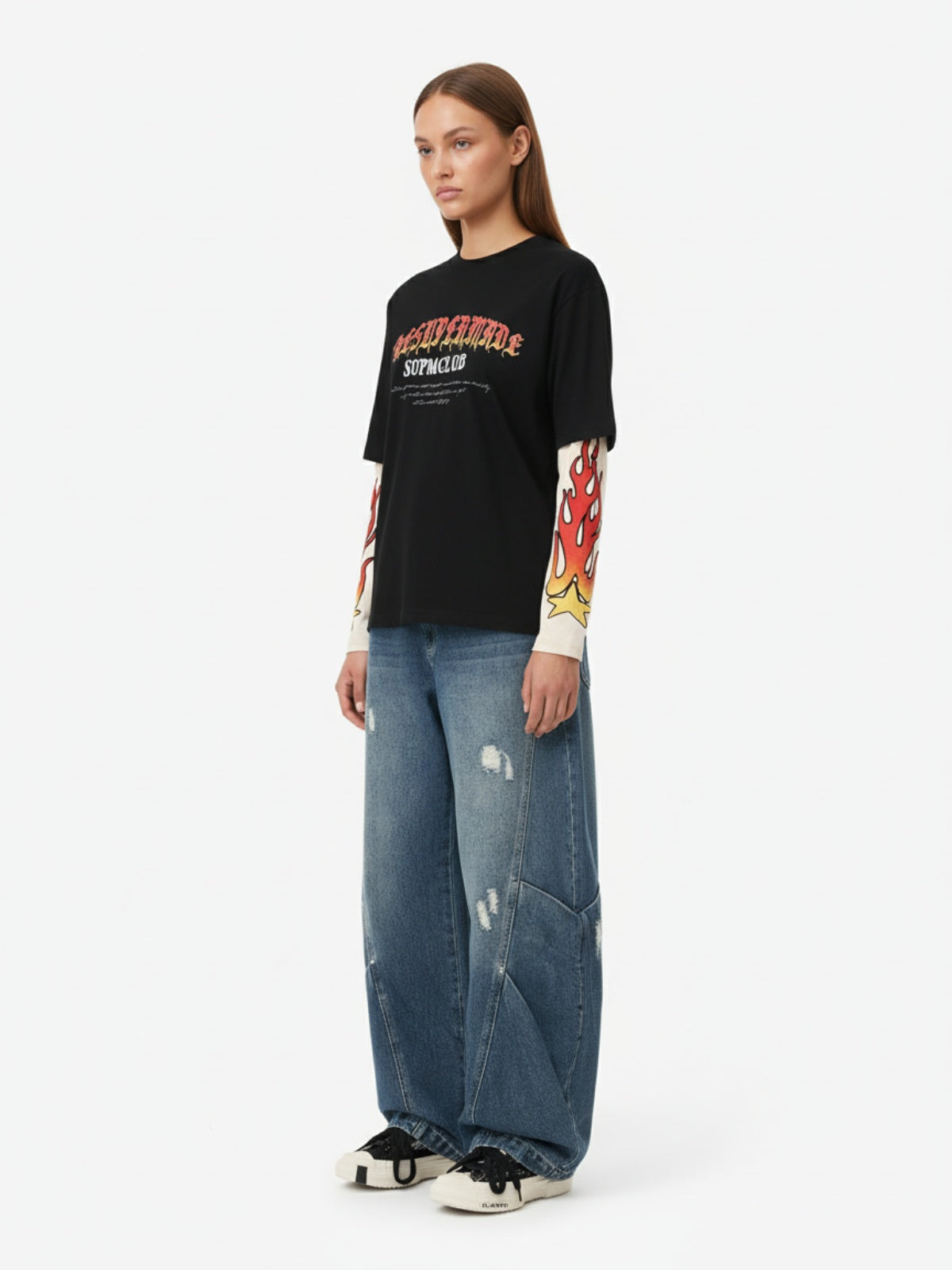 Gradient Letter Print Patchwork Faux Two-Piece Long-Sleeved T-Shirt 