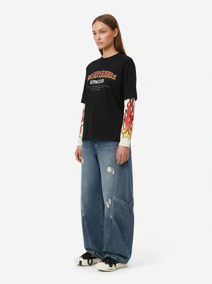 Gradient Letter Print Patchwork Faux Two-Piece Long-Sleeved T-Shirt 