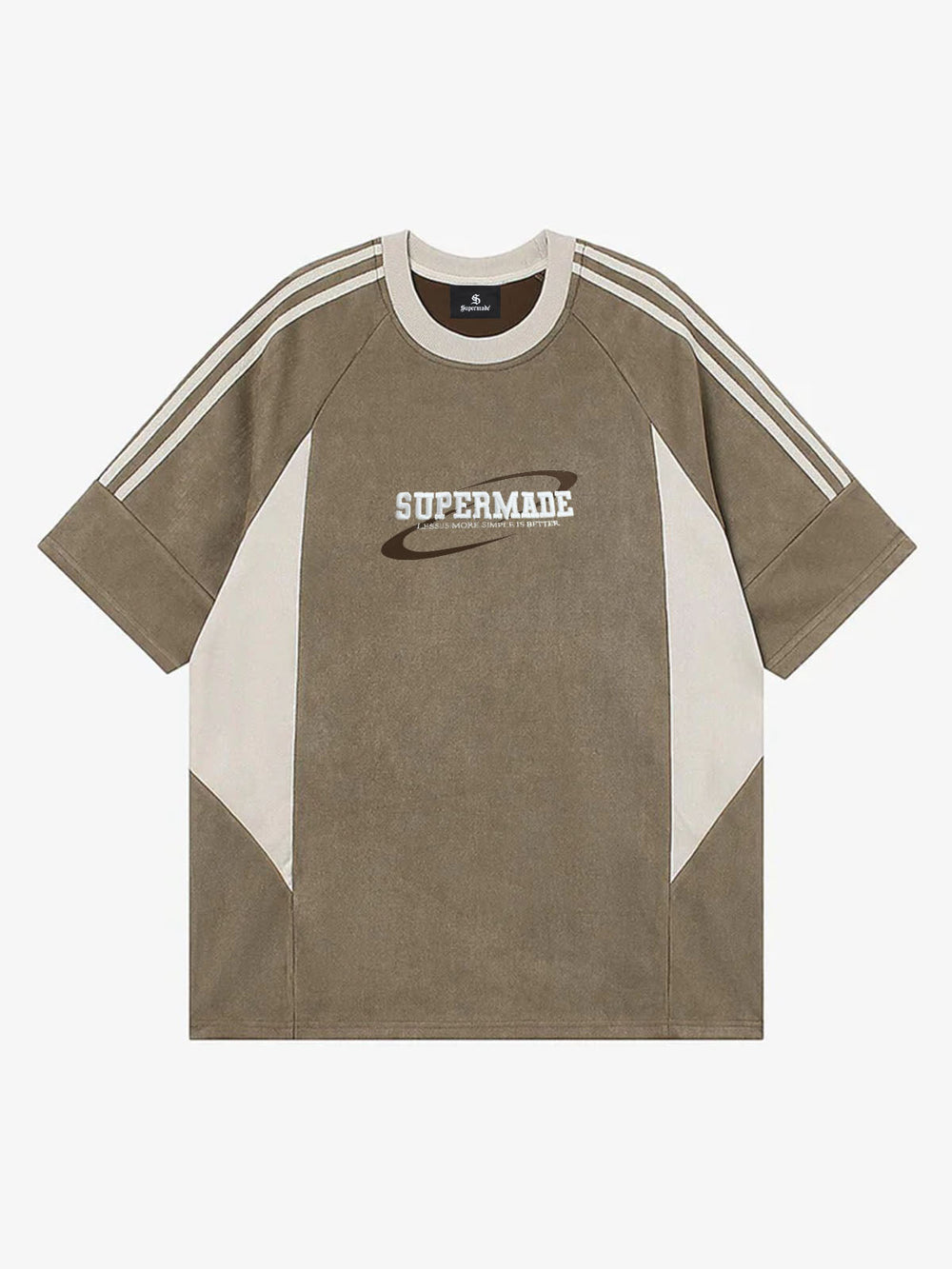 Suede Contrast Color Spliced Letter Embroidery Oversize T-shirt - 2462 
