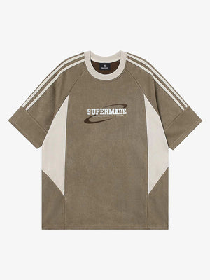 Suede Contrast Color Spliced Letter Embroidery Oversize T-shirt - 2462 