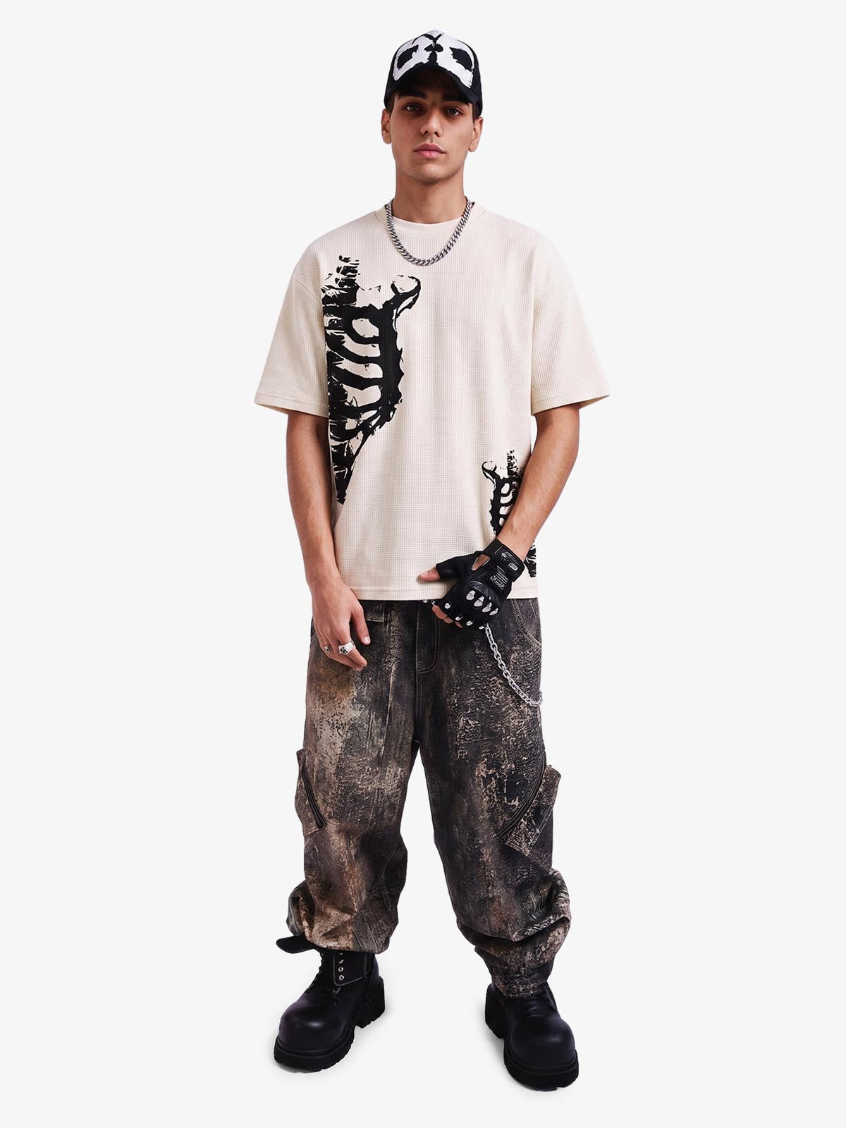 Asymmetric Skeleton Graphic Waffle T-Shirt 