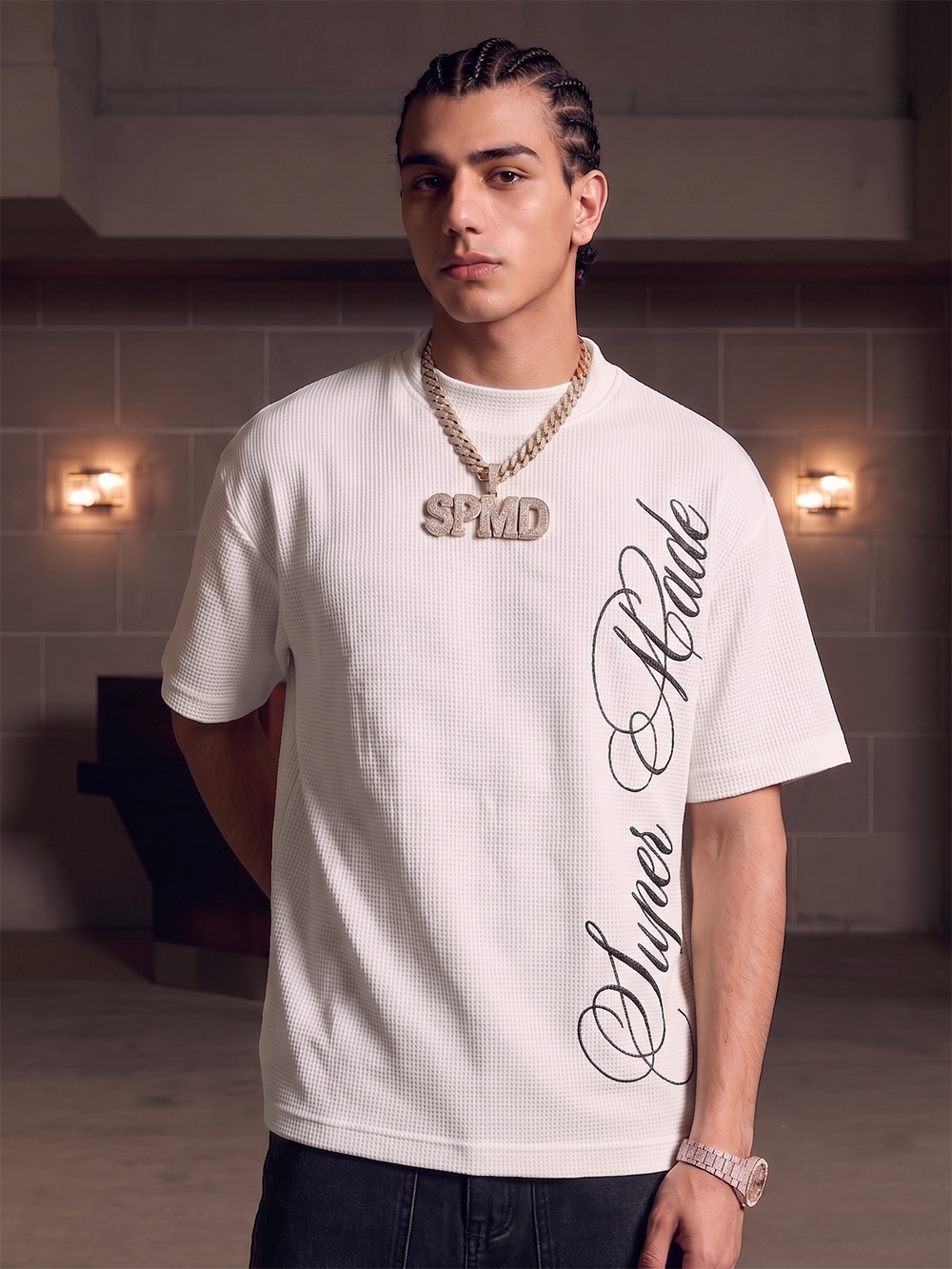 Waffelstrick-T-Shirt mit seitlichem Schriftzug